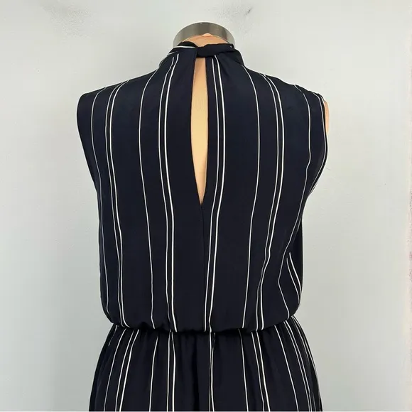 Vince 100% Silk Stripe Draped Cross Front Midi Dress Coastal Blue Sz 4