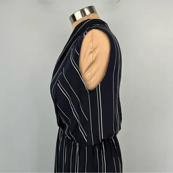 Vince 100% Silk Stripe Draped Cross Front Midi Dress Coastal Blue Sz 4