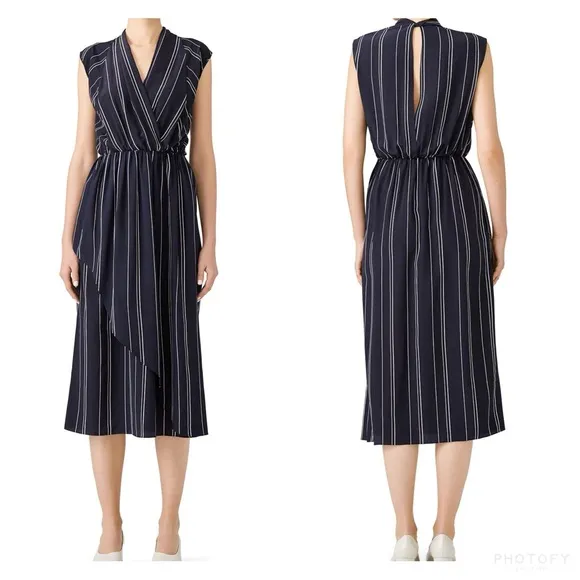 Vince 100% Silk Stripe Draped Cross Front Midi Dress Coastal Blue Sz 4