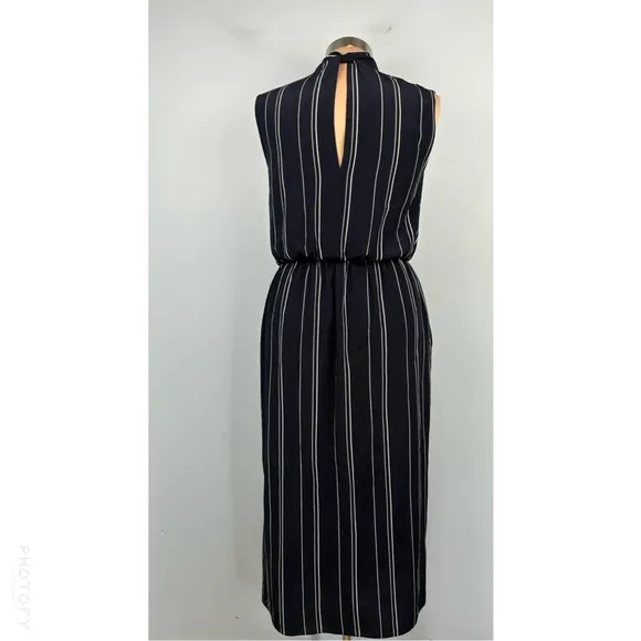 Vince 100% Silk Stripe Draped Cross Front Midi Dress Coastal Blue Sz 4