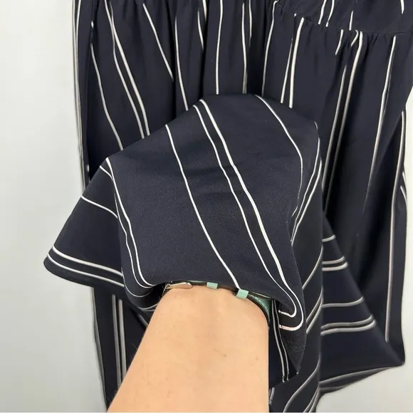 Vince 100% Silk Stripe Draped Cross Front Midi Dress Coastal Blue Sz 4