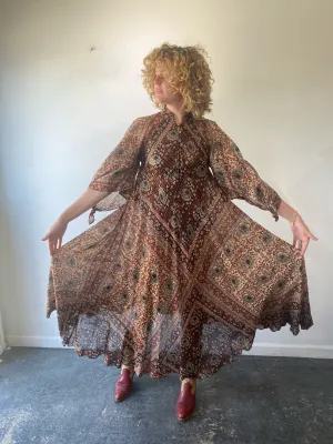 Vintage Collectible Sultana by Adini Indian Block Print Dress with Metallic Thread