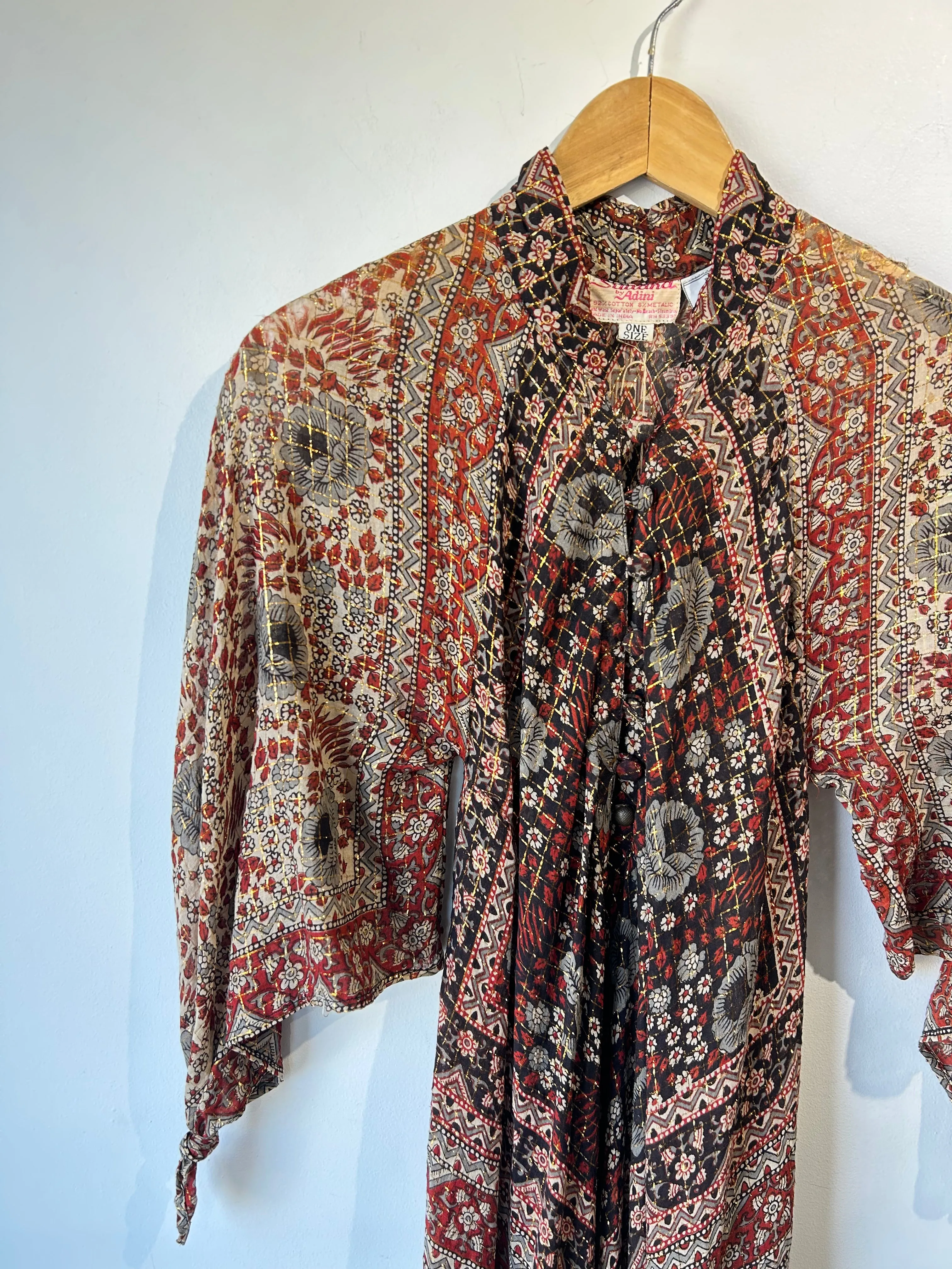 Vintage Collectible Sultana by Adini Indian Block Print Dress with Metallic Thread