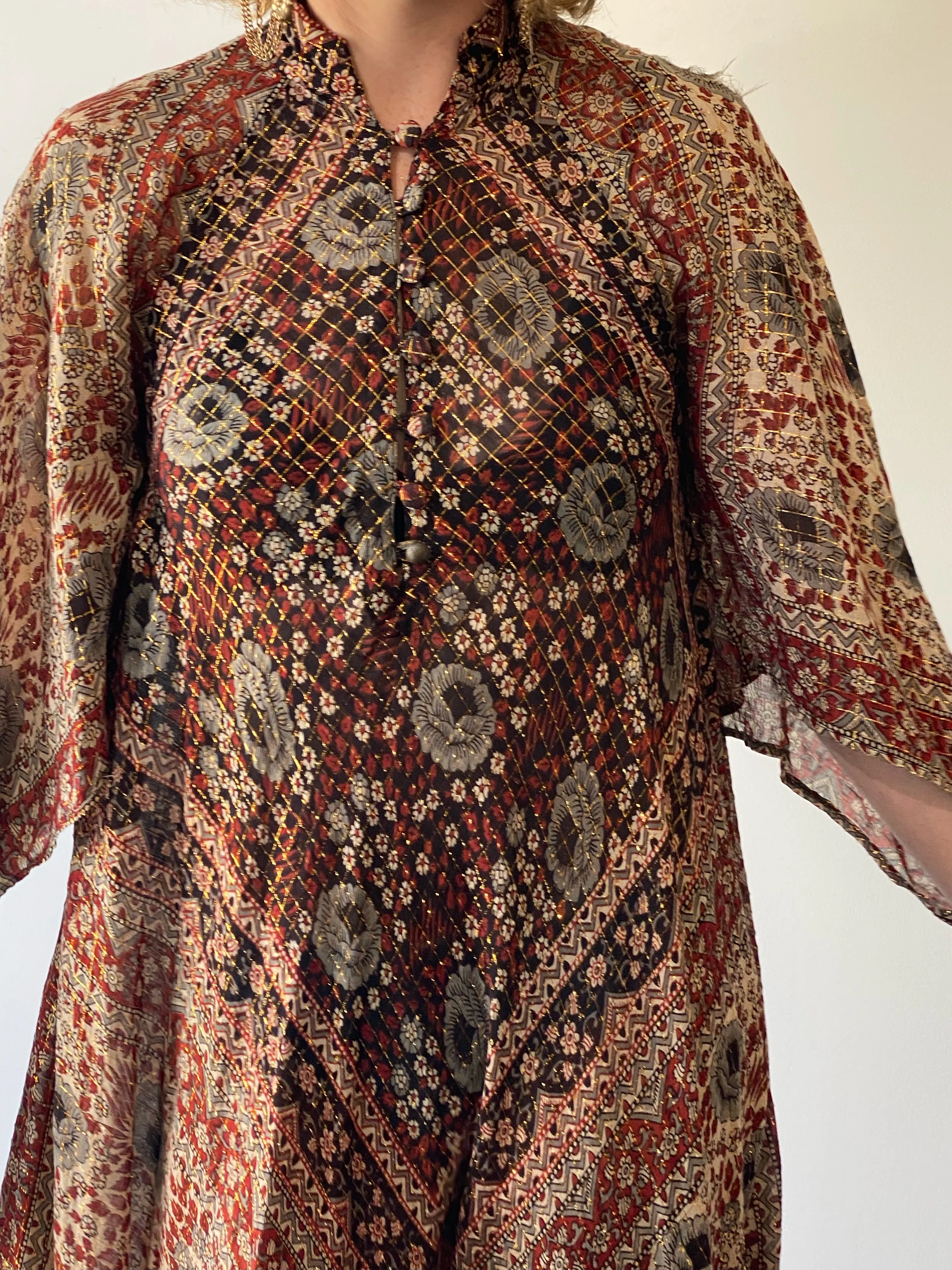 Vintage Collectible Sultana by Adini Indian Block Print Dress with Metallic Thread