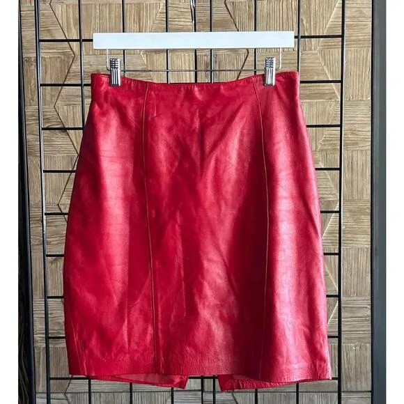 Vintage Evan Davies Womens Leather Skirt 8 Red Pencil Zipper Knee Length Chic