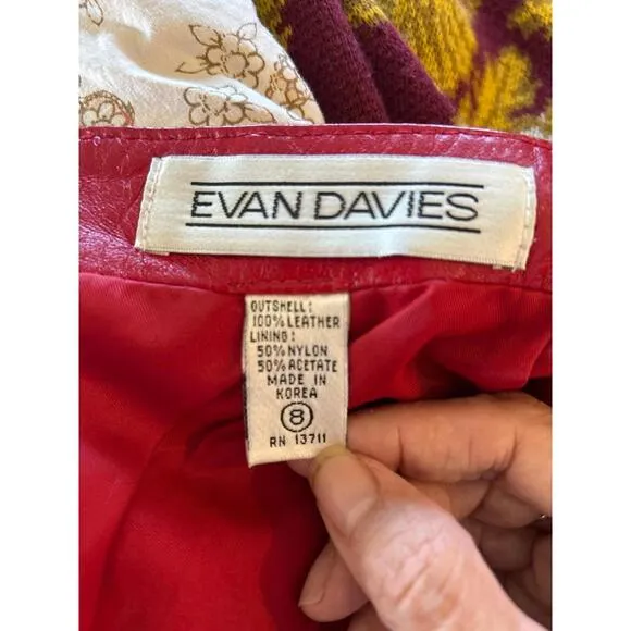 Vintage Evan Davies Womens Leather Skirt 8 Red Pencil Zipper Knee Length Chic