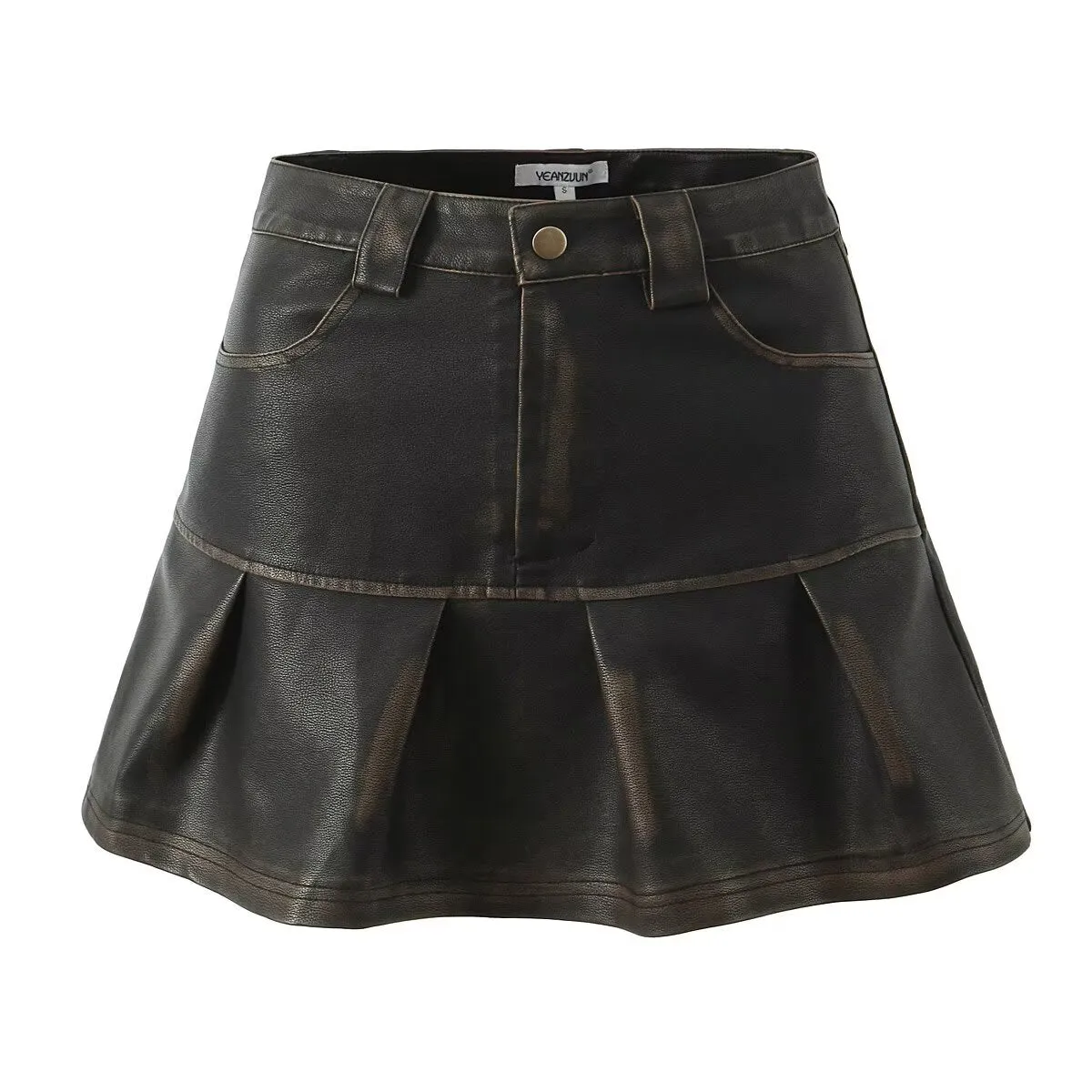Vintage Style Leather Long Sleeve Top and Mini Skirt Set