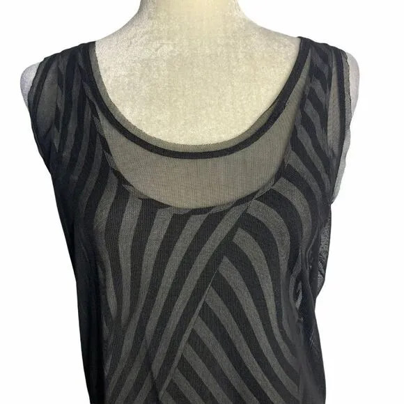 Vintage Y2K BCBG Bodycon Dress Womens M Black Gray Striped Draped Mesh Overlay