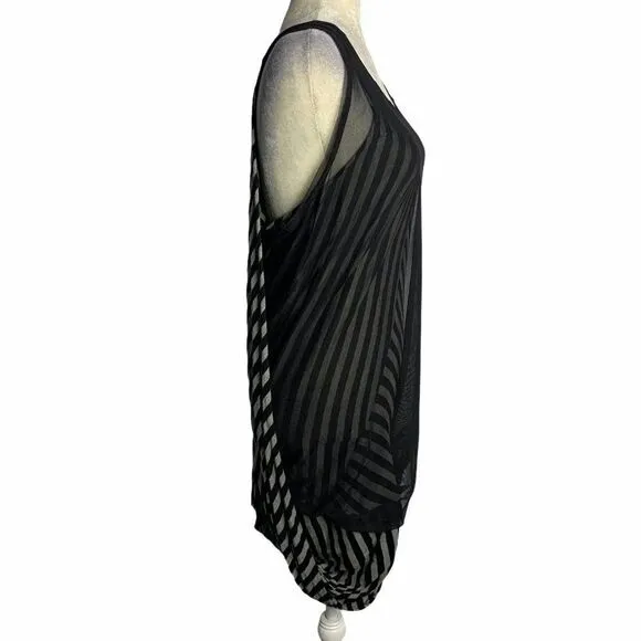 Vintage Y2K BCBG Bodycon Dress Womens M Black Gray Striped Draped Mesh Overlay