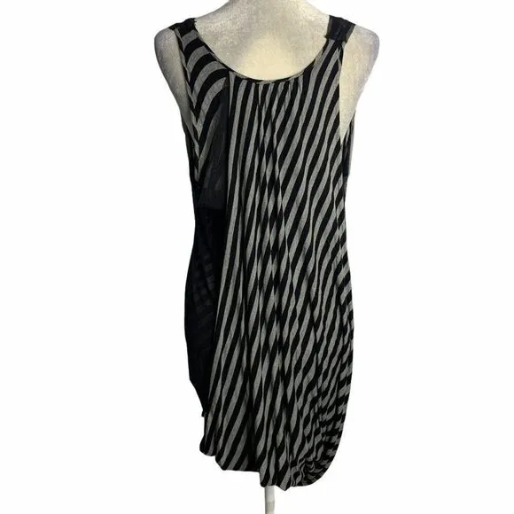 Vintage Y2K BCBG Bodycon Dress Womens M Black Gray Striped Draped Mesh Overlay