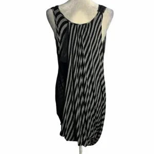 Vintage Y2K BCBG Bodycon Dress Womens M Black Gray Striped Draped Mesh Overlay