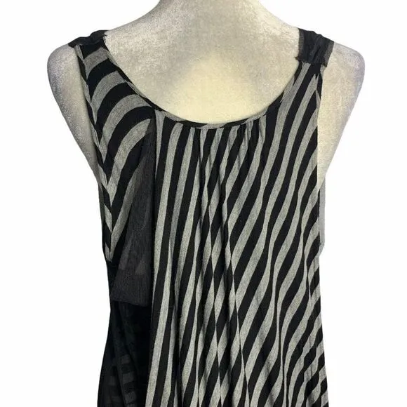 Vintage Y2K BCBG Bodycon Dress Womens M Black Gray Striped Draped Mesh Overlay