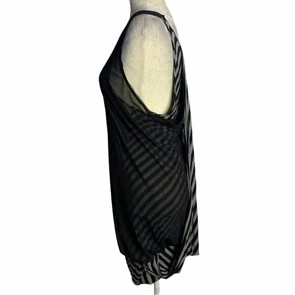 Vintage Y2K BCBG Bodycon Dress Womens M Black Gray Striped Draped Mesh Overlay