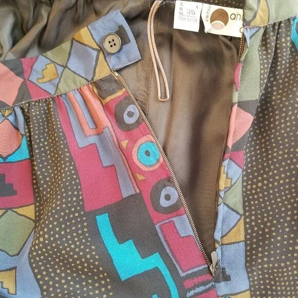 Vintage Antonella Ore 100% Italian Silk Abstract Geometric Print Midi Skirt