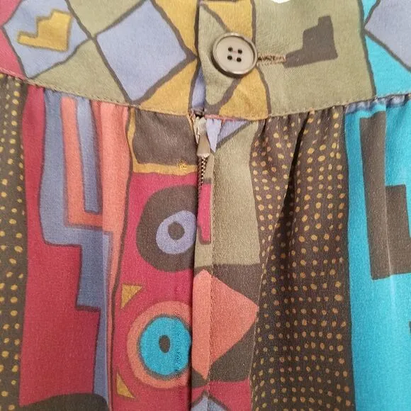 Vintage Antonella Ore 100% Italian Silk Abstract Geometric Print Midi Skirt