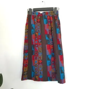 Vintage Antonella Ore 100% Italian Silk Abstract Geometric Print Midi Skirt