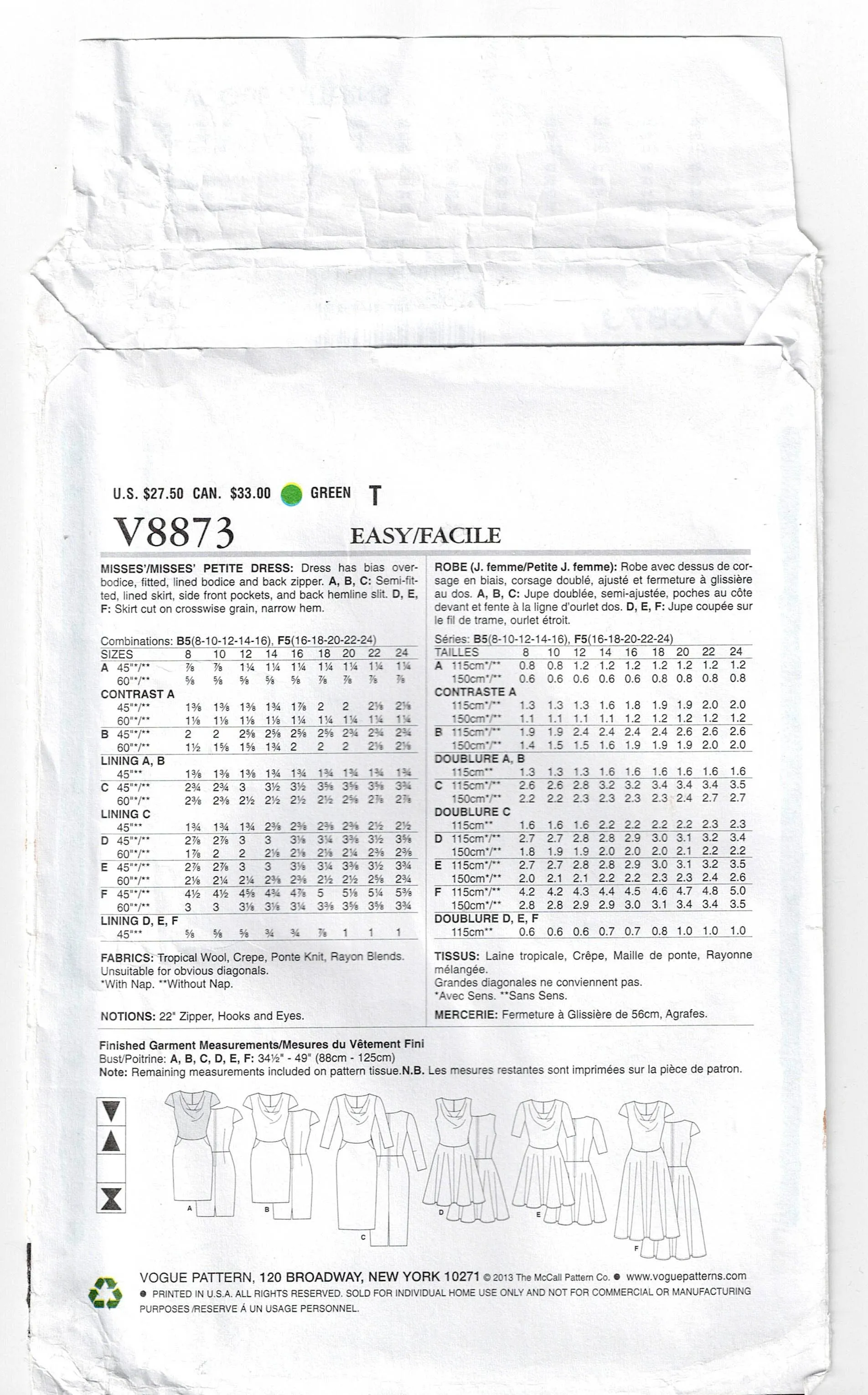 Vogue Options 8873 Womens Bias Bodiced Dress with Draped Neckline Out Of Print Sewing Pattern Size 8 - 16 UNCUT Factory Folded