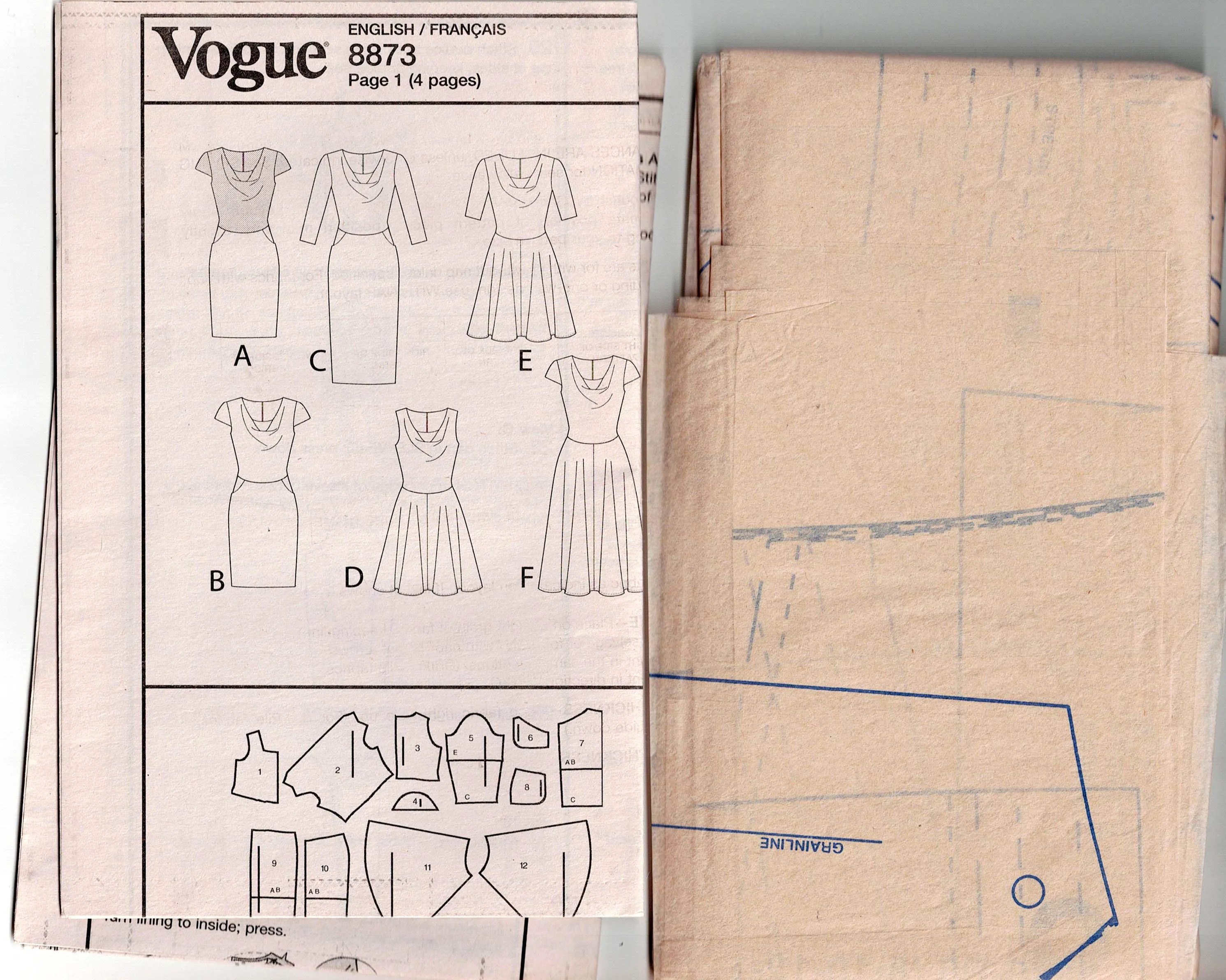 Vogue Options 8873 Womens Bias Bodiced Dress with Draped Neckline Out Of Print Sewing Pattern Size 8 - 16 UNCUT Factory Folded