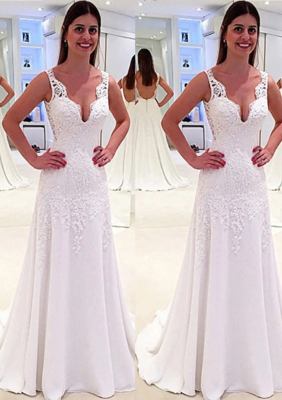 White Lace Chiffon A-Line/Princess Sleeveless Backless Wedding Dress