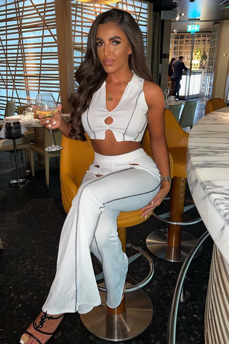 White Rib Contrast Seam Crop Top & Flare Trouser Set - Beena