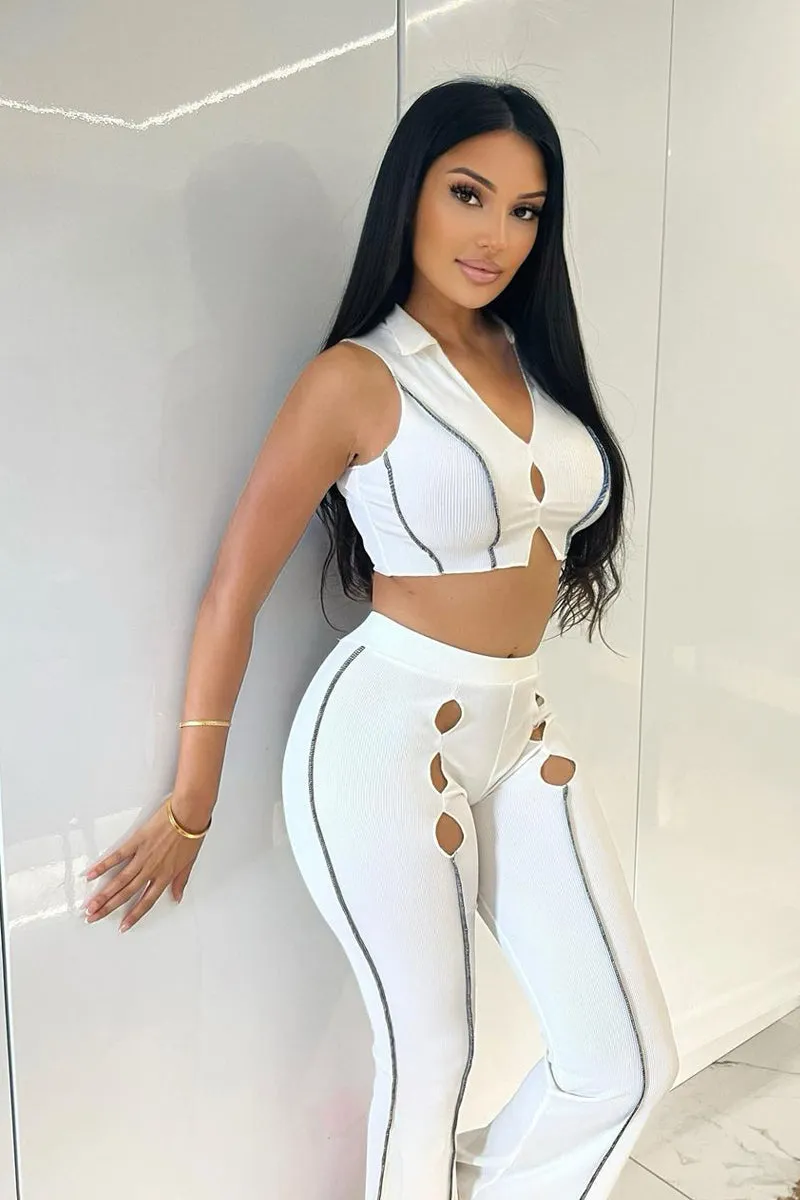 White Rib Contrast Seam Crop Top & Flare Trouser Set - Beena
