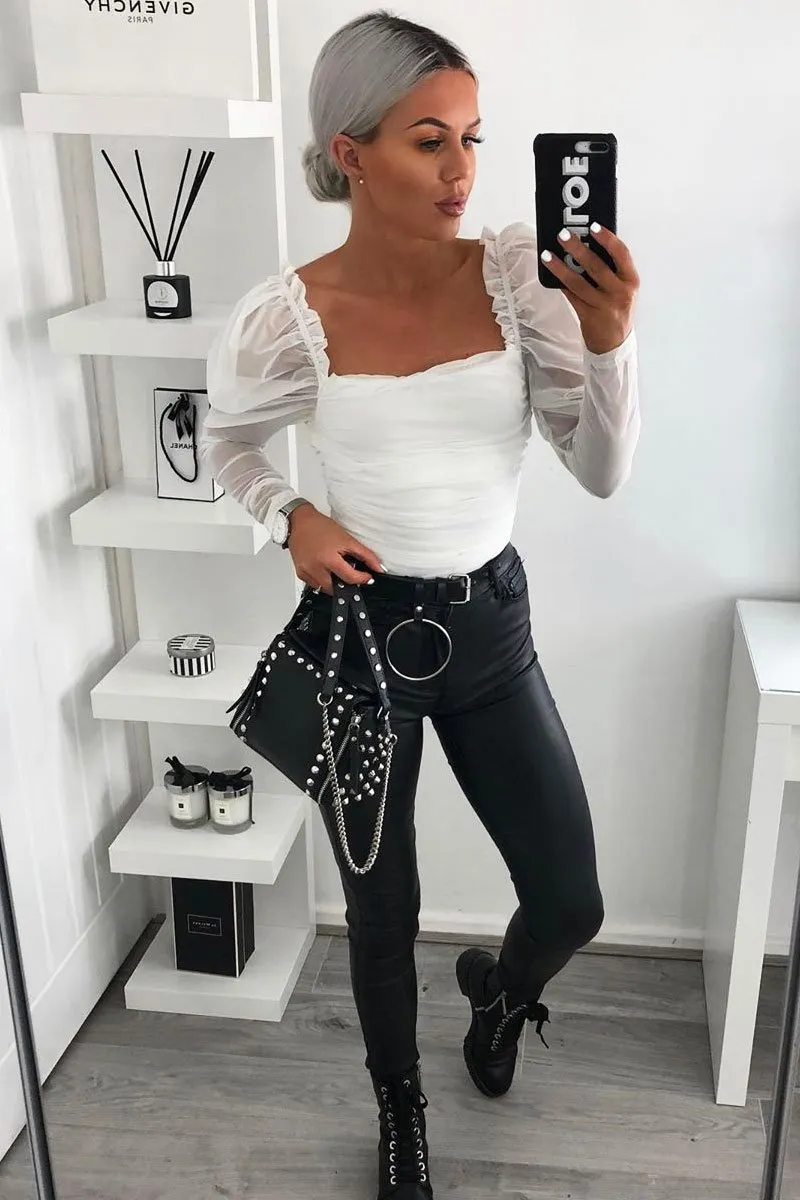 White Ruched Body Mesh Sleeve Bodysuit - Amylee
