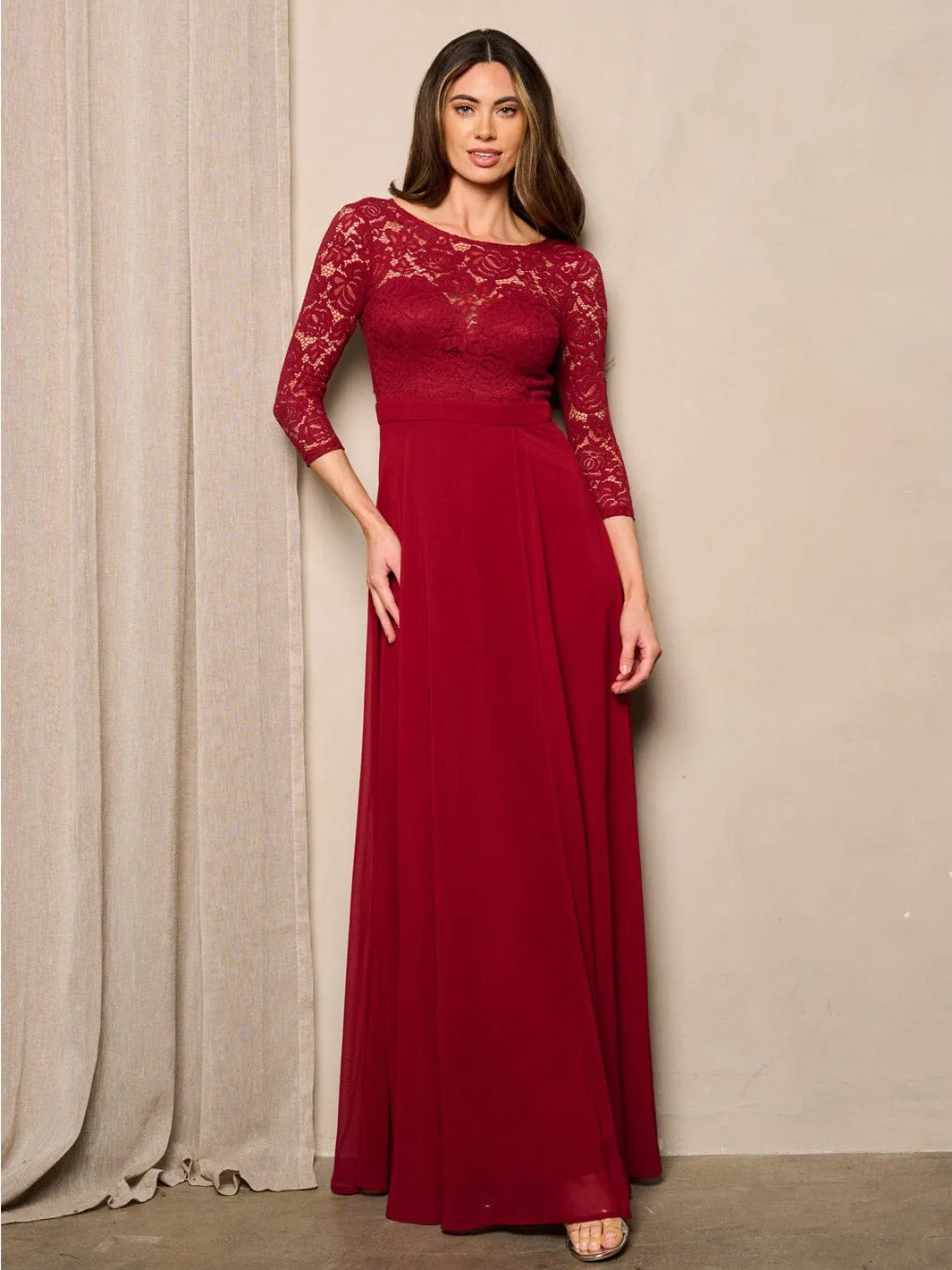 WOMEN'S 3/4 SLEEVE OPEN BACK LACE DETAILED MAXI DRESS