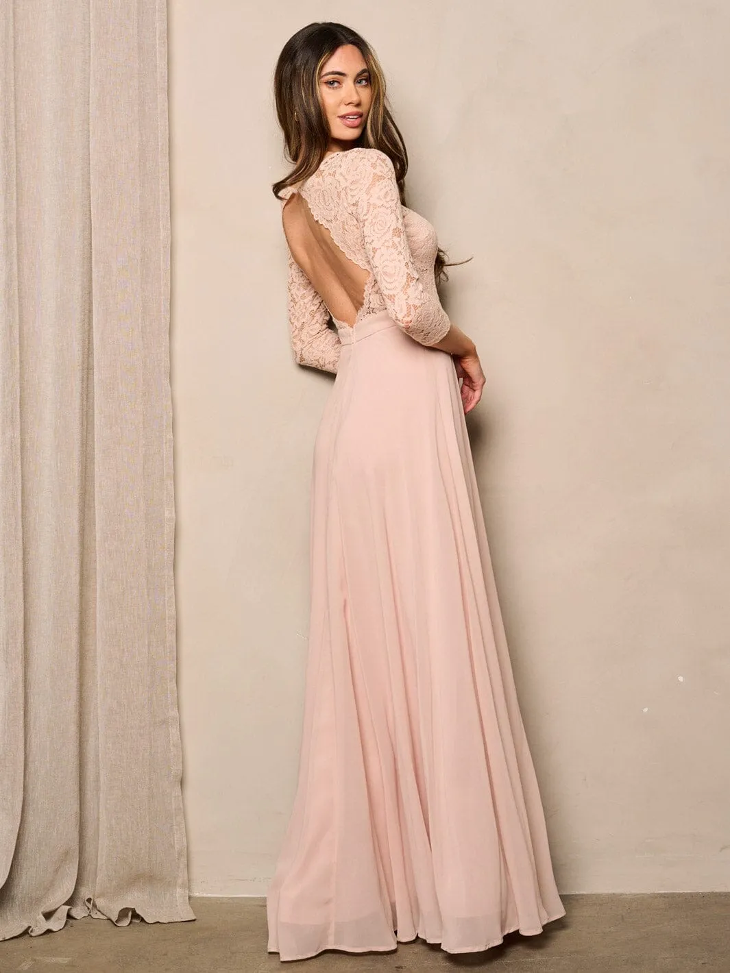 WOMEN'S 3/4 SLEEVE OPEN BACK LACE DETAILED MAXI DRESS
