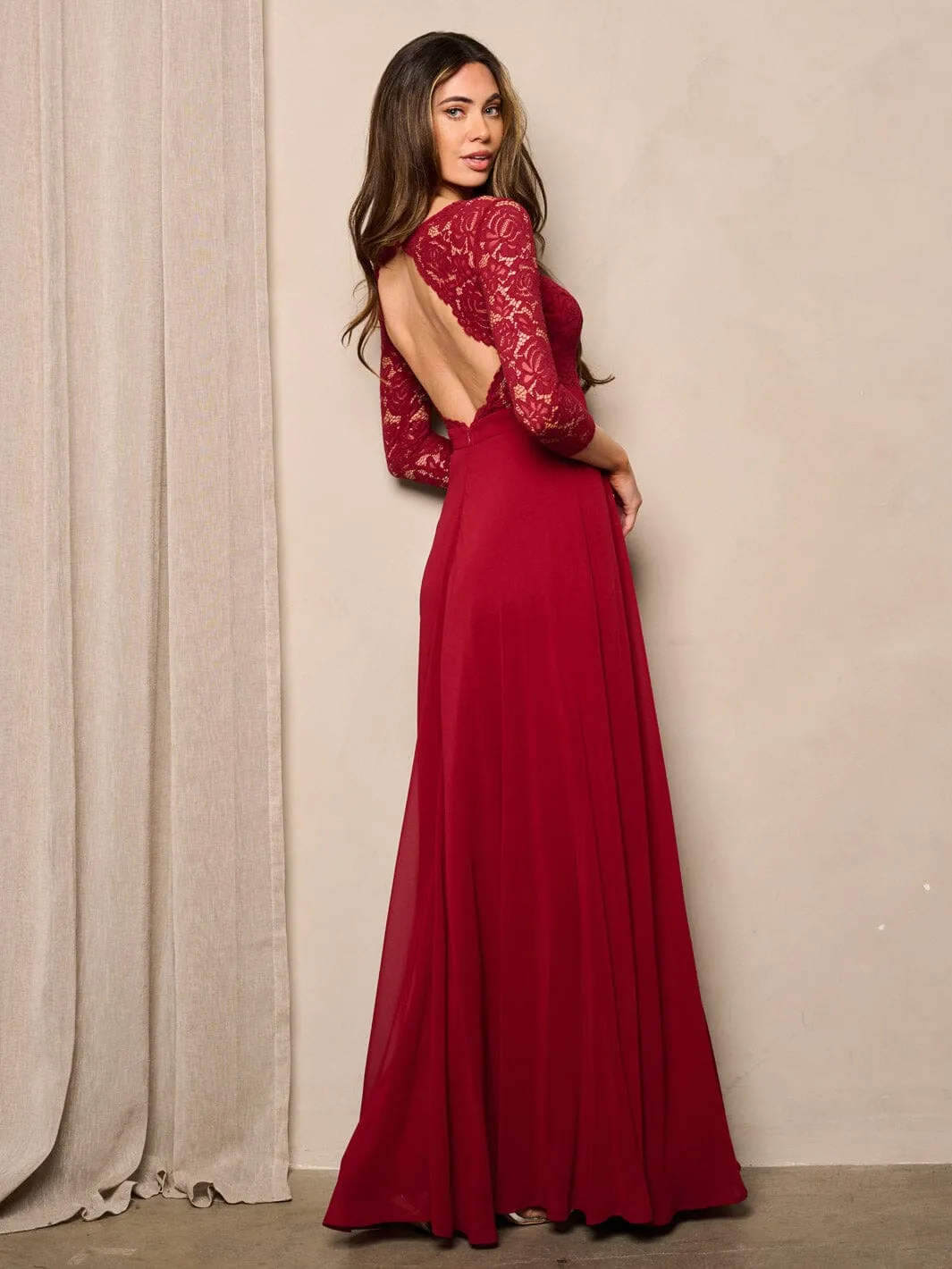 WOMEN'S 3/4 SLEEVE OPEN BACK LACE DETAILED MAXI DRESS