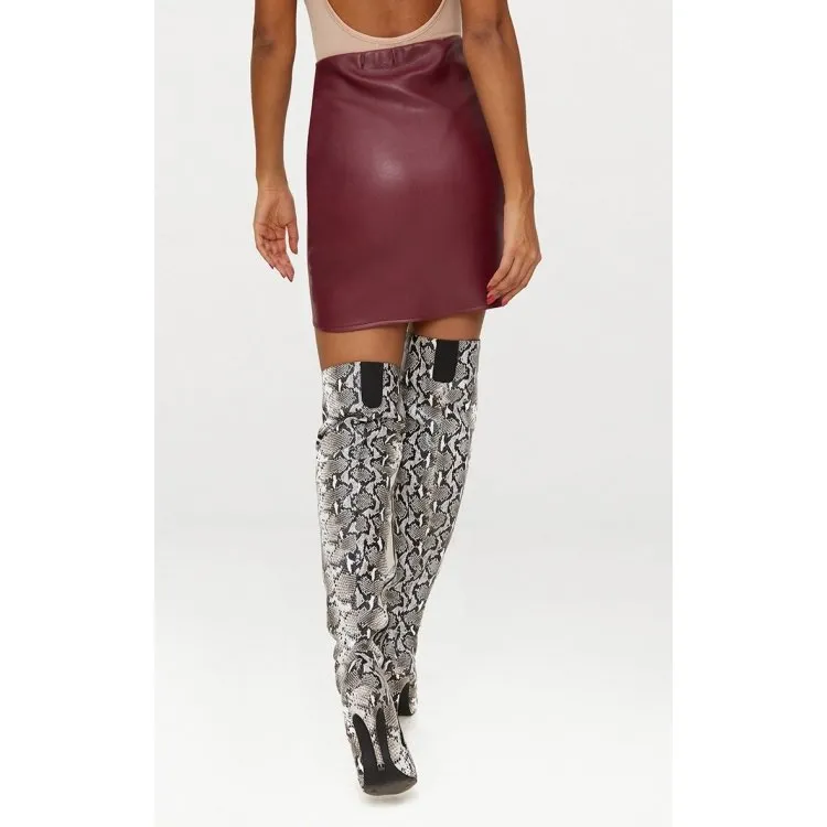 Womens Fashion Asymmetric Panel Burgundy Leather Mini Skirt