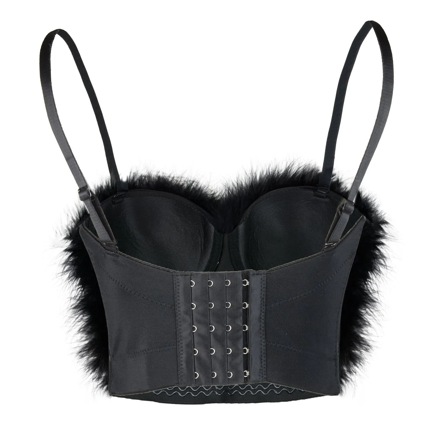 Women's Feather Fur Bustier Crop Top Push Up Celebrity Solid Corset Top Bra Black