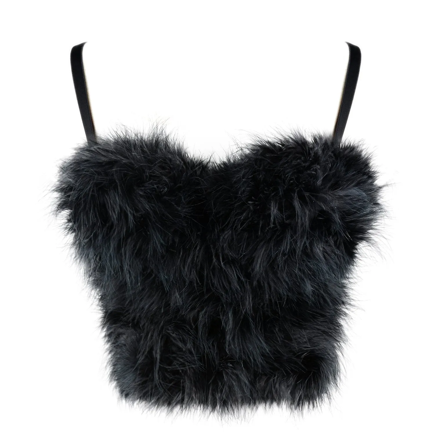 Women's Feather Fur Bustier Crop Top Push Up Celebrity Solid Corset Top Bra Black