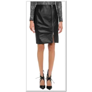 Womens Knee Length Genuine Soft Lambskin Black Leather Skirt