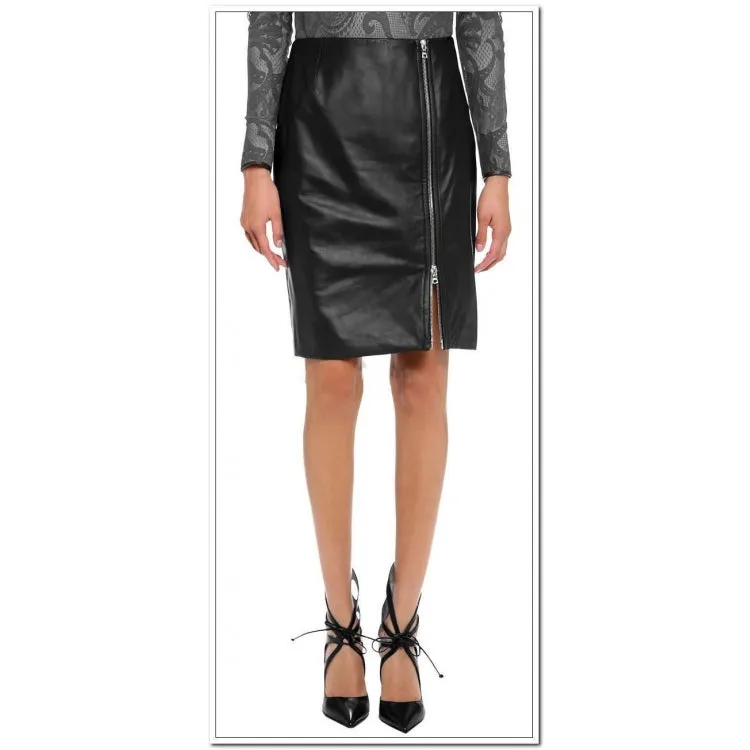 Womens Knee Length Genuine Soft Lambskin Black Leather Skirt
