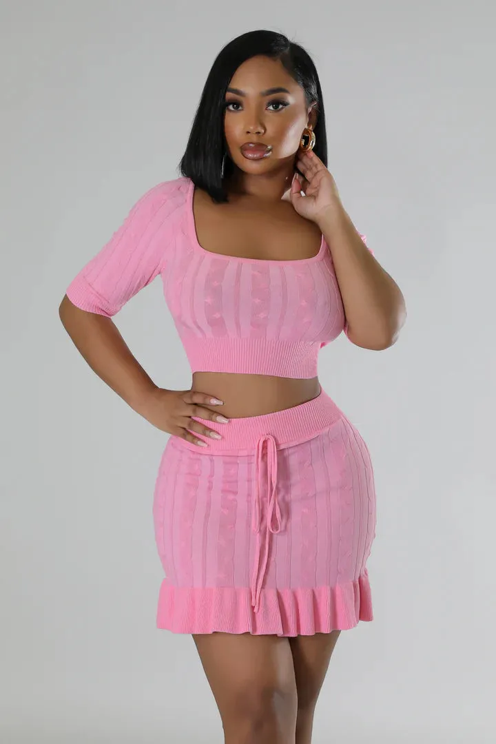 Women's Knitted Short Sleeve Pink Skirt Set