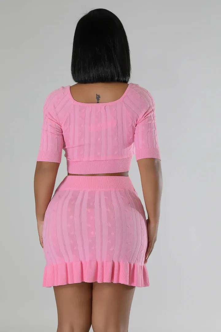 Women's Knitted Short Sleeve Pink Skirt Set