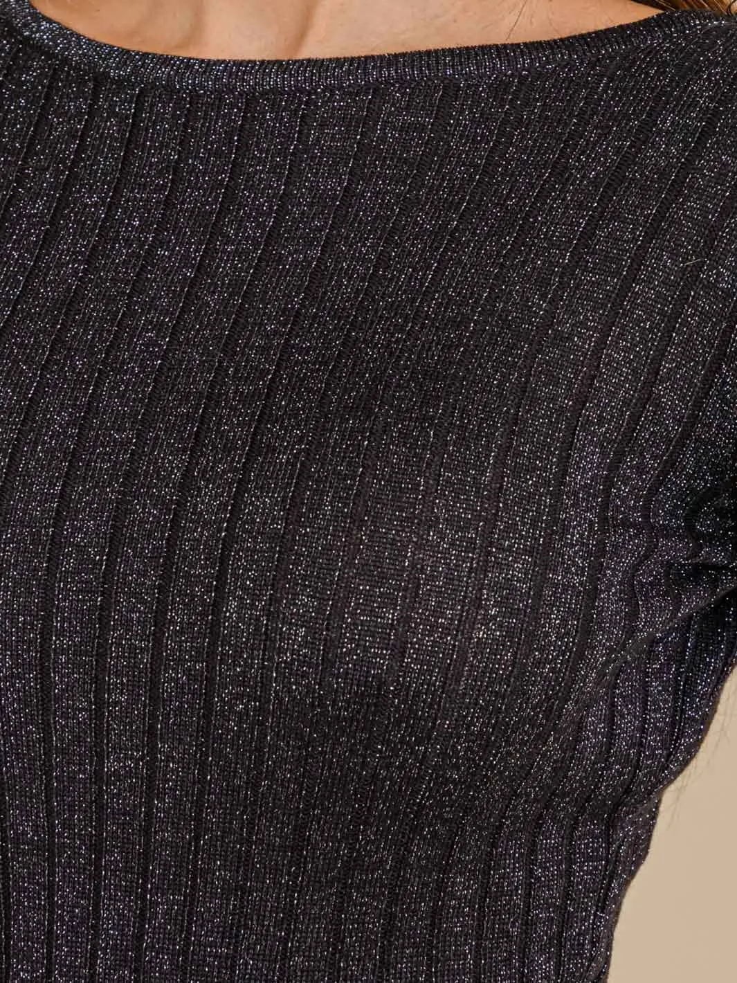 WOMEN'S LONG BELL SLEEVE OPEN BACK RIBBED SHIMMER MINI DRESS