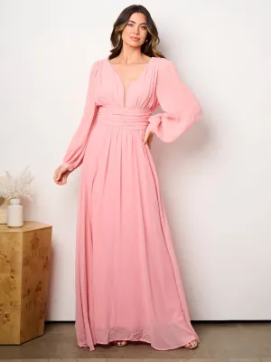 WOMEN'S LONG PUFF SLEEVE V-NECK OPEN BACK MAXI DRESS
