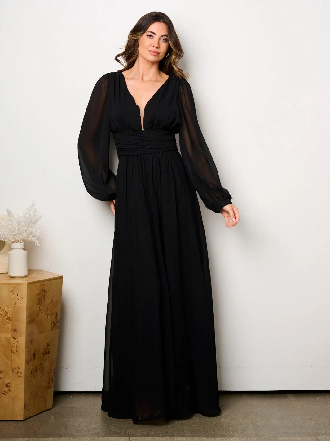 WOMEN'S LONG PUFF SLEEVE V-NECK OPEN BACK MAXI DRESS