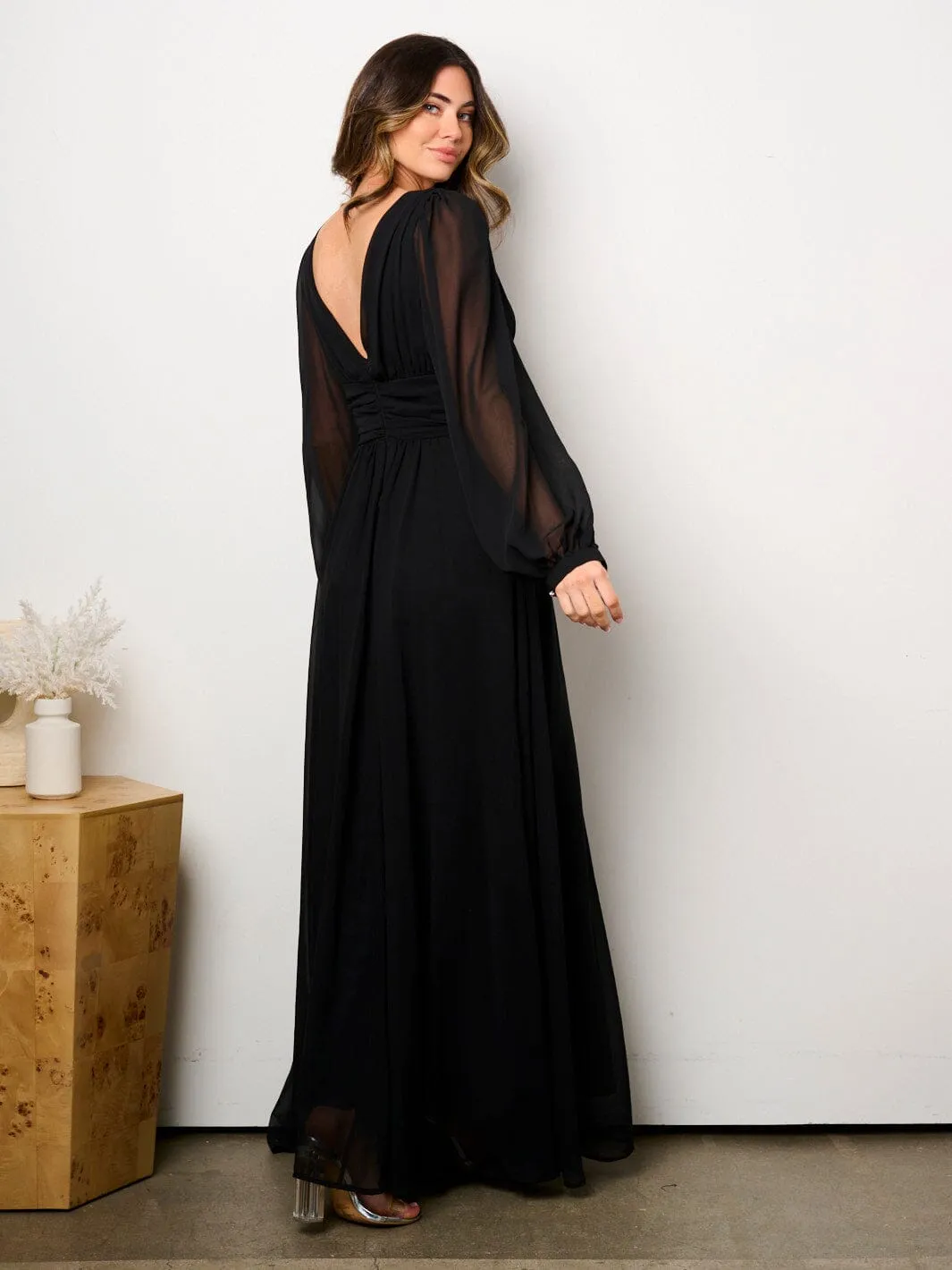 WOMEN'S LONG PUFF SLEEVE V-NECK OPEN BACK MAXI DRESS