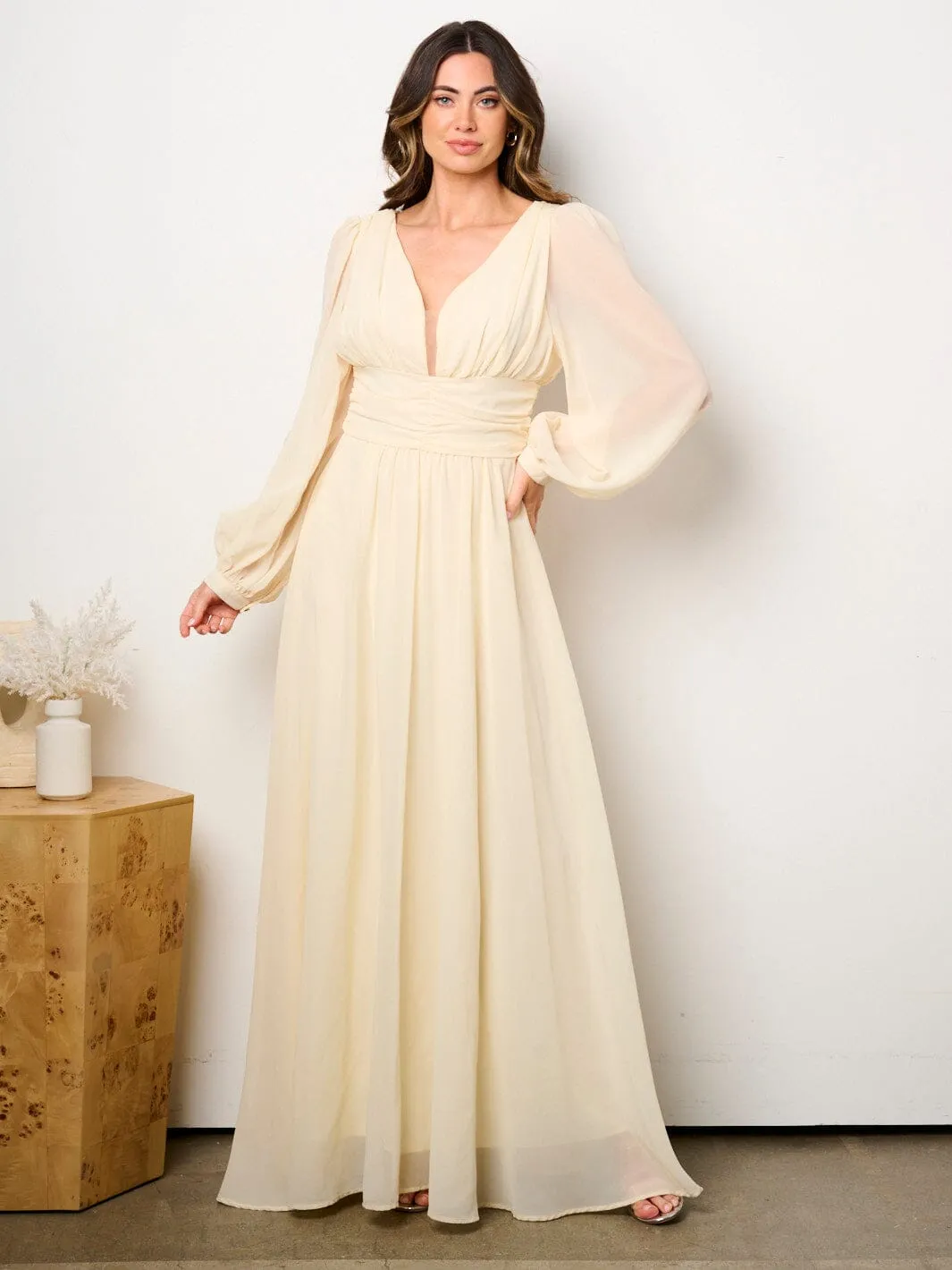 WOMEN'S LONG PUFF SLEEVE V-NECK OPEN BACK MAXI DRESS