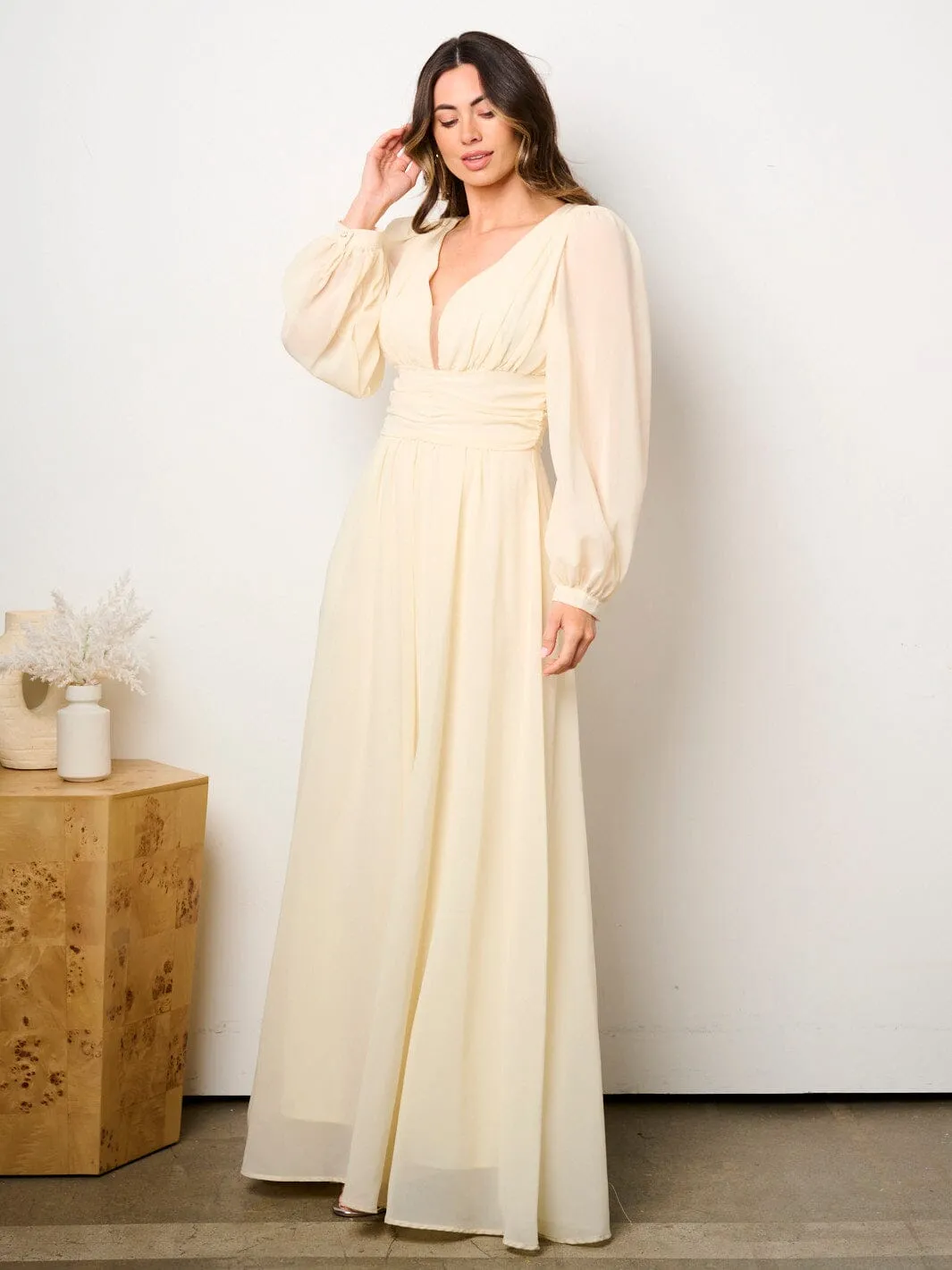 WOMEN'S LONG PUFF SLEEVE V-NECK OPEN BACK MAXI DRESS