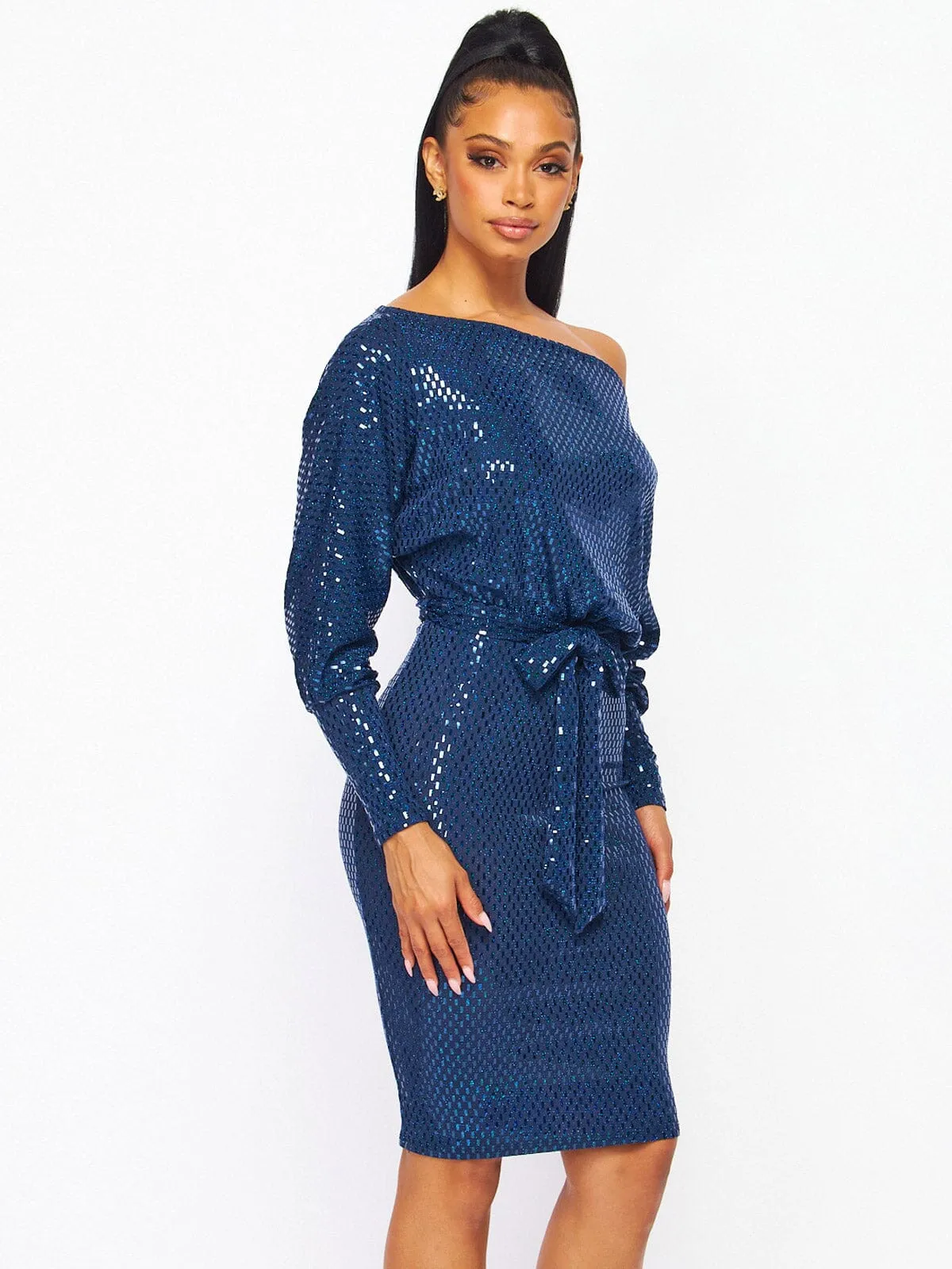 WOMEN'S LONG SLEEVE OFF SHOULDER SELF TIE BODYCON SEQUINS MINI DRESS