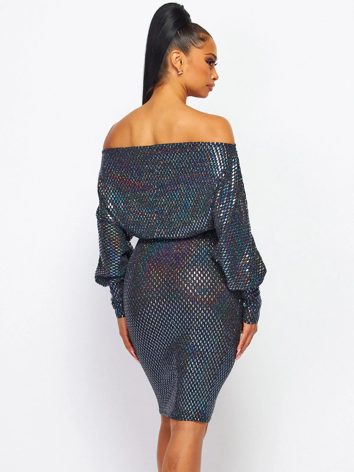 WOMEN'S LONG SLEEVE OFF SHOULDER SELF TIE BODYCON SEQUINS MINI DRESS