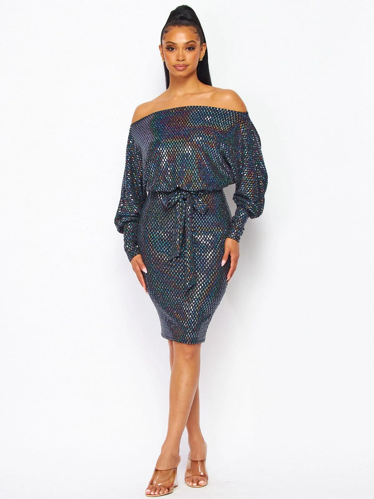 WOMEN'S LONG SLEEVE OFF SHOULDER SELF TIE BODYCON SEQUINS MINI DRESS