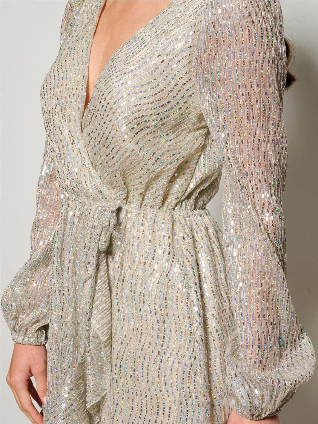 WOMEN'S LONG SLEEVE SURPLICE RUFFLE SEQUINS MINI DRESS