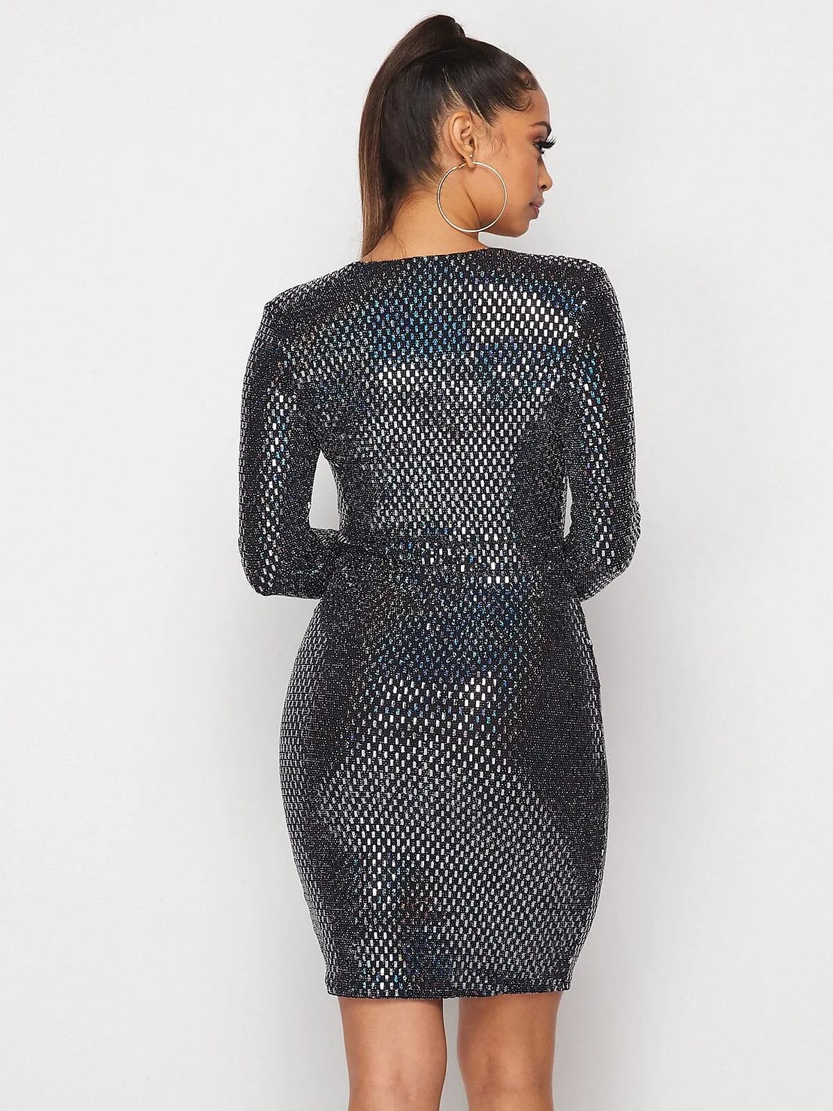 WOMEN'S LONG SLEEVE V-NECK BODYCON SEQUINS MINI DRESS