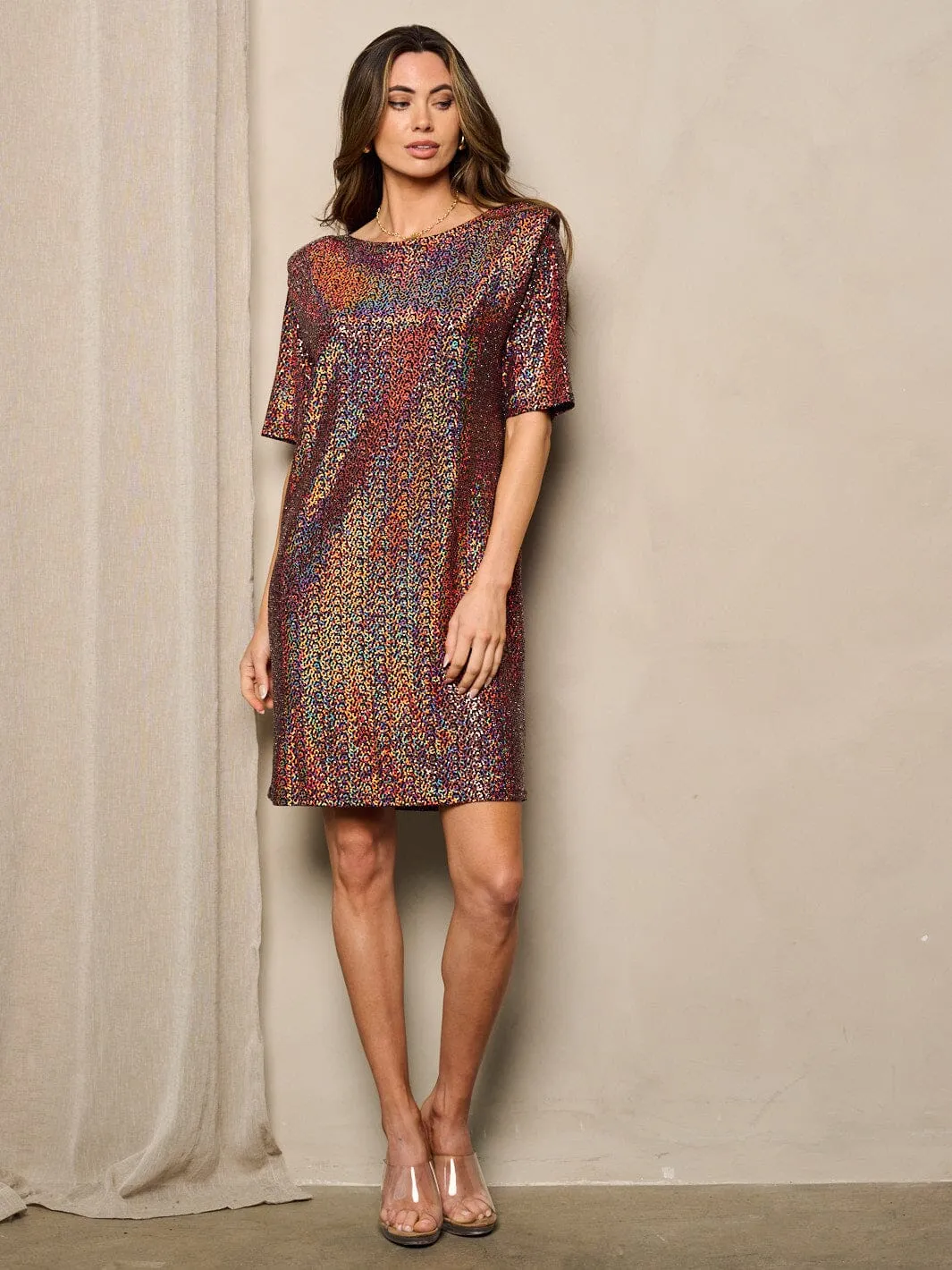 WOMEN'S SHORT SLEEVE SHOULDER PADDING SEQUINS TUNIC MINI DRESS
