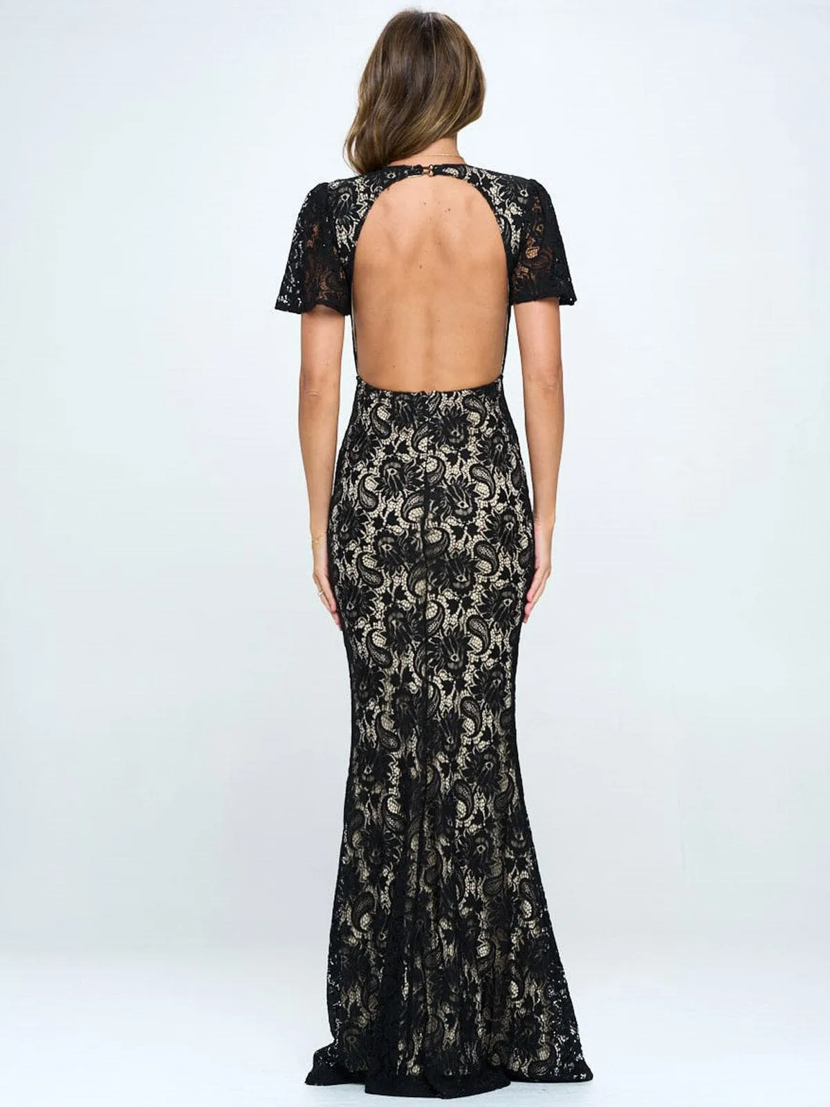 WOMEN'S SHORT SLEEVE V-NECK OPEN BACK LACE MAXI DRESS