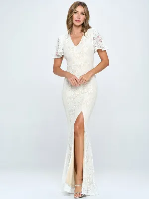 WOMEN'S SHORT SLEEVE V-NECK OPEN BACK LACE MAXI DRESS